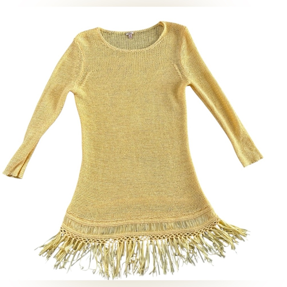 Yellow Knit Dress with Fringe Hem